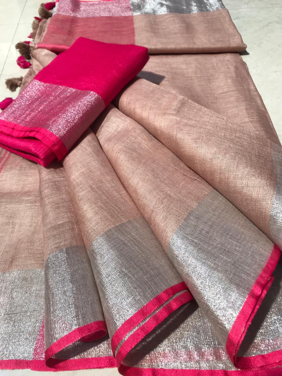 Women's Linen Blend Olive Printed Designer Saree With Blouse Piece
